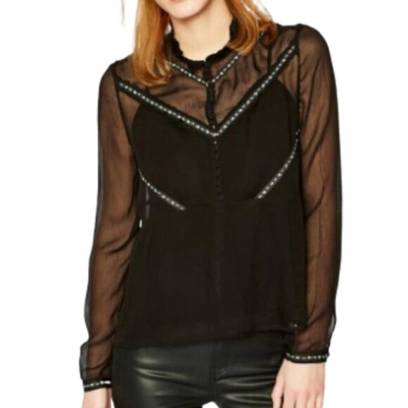 The Kooples Women’s XS Black Floral Ruffle Top Long Sleeve Mock Neck Whimsigoth - Picture 8 of 9